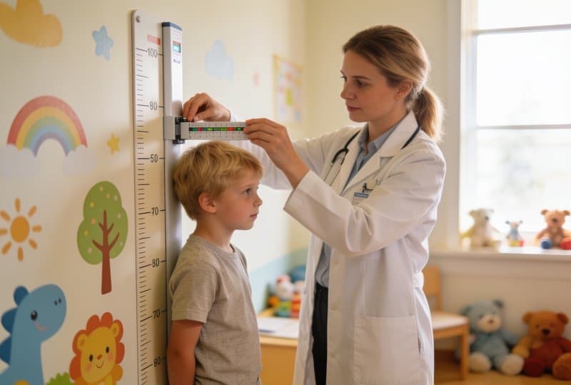 Pediatra realizando un chequeo de crecimiento a un niño en la clínica Santiago Salud de Santiago de Compostela