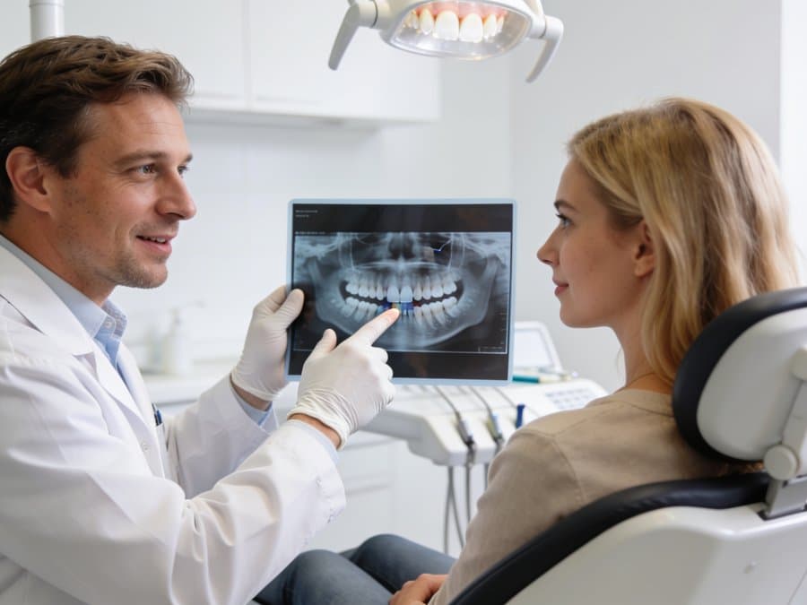 Odontólogo asesorando a un paciente sobre cirugía dental en la clínica Santiago Salud de Santiago de Compostela