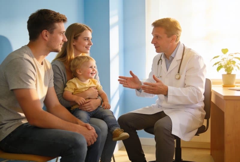 Pediatra ofreciendo consejos de prevención a una familia en la clínica Santiago Salud de Santiago de Compostela