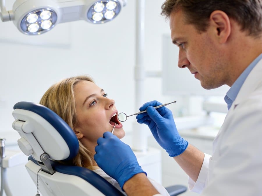Odontólogo realizando una revisión dental en la clínica Santiago Salud de Santiago de Compostela