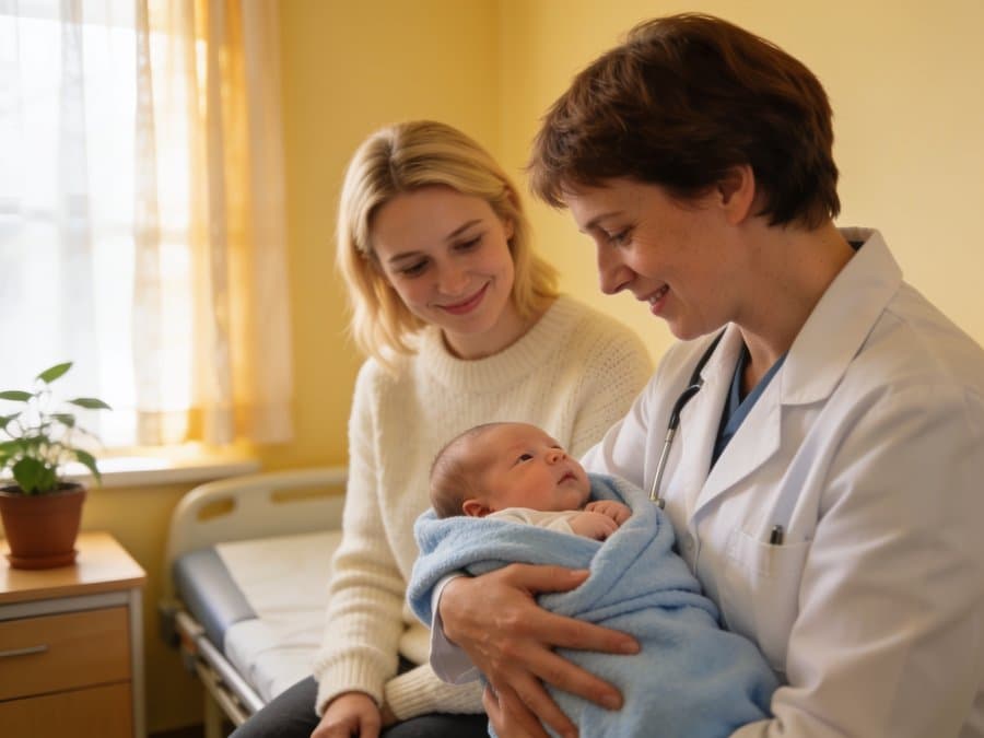 Pediatra atendiendo a un niño en su primera visita en la clínica Santiago Salud de Santiago de Compostela