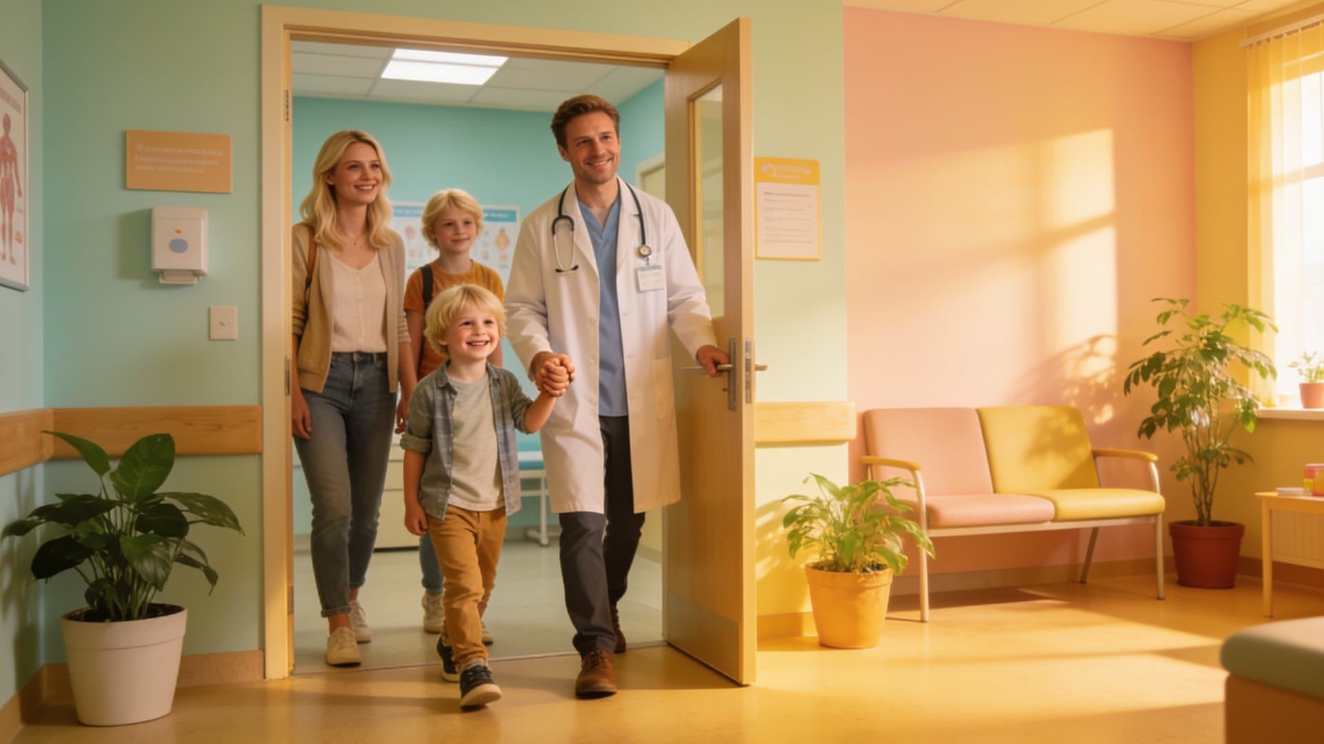 Familia acudiendo a la consulta de pediatría de la clínica Santiago Salud en Santiago de Compostela
