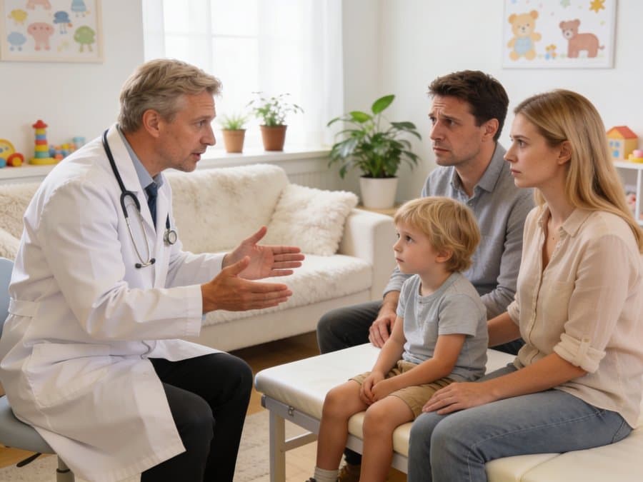 Pediatra resolviendo las dudas de una familia en la clínica Santiago Salud de Santiago de Compostela